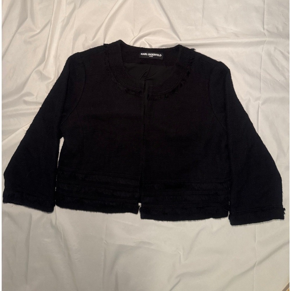 Karl Lagerfeld Paris Jacket Womens Black Cropped Fringe Trim Luxury Tweed Blazer